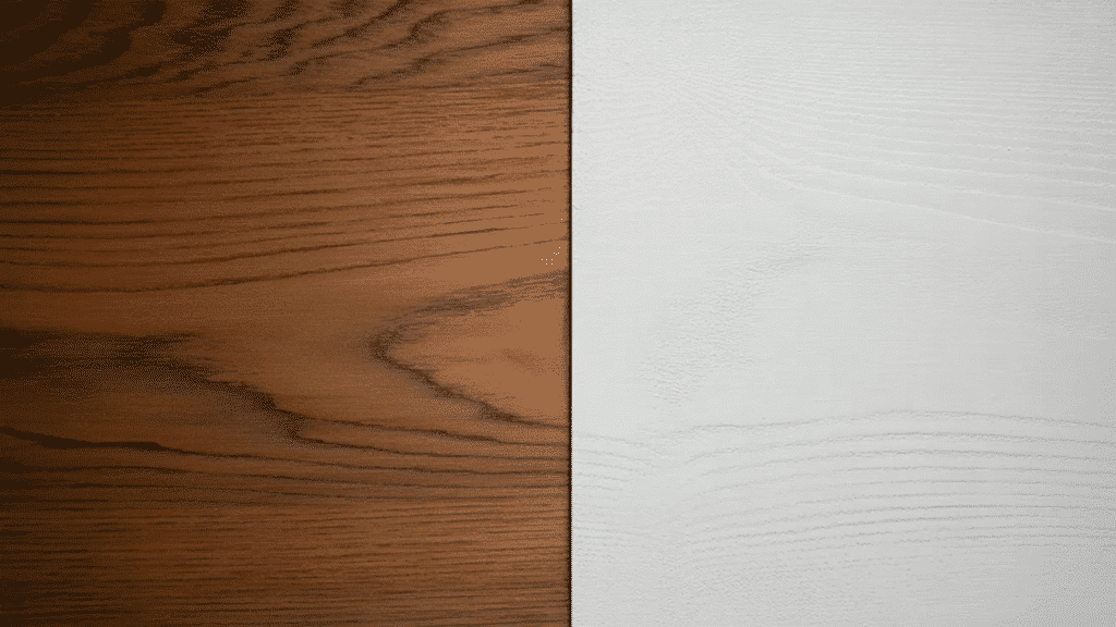 split image of stained wood with visible grain on the left and smooth white painted wood on the right