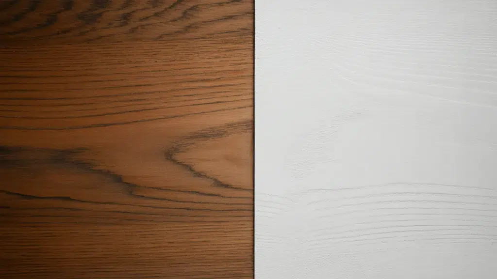 split image of stained wood with visible grain on the left and smooth white painted wood on the right