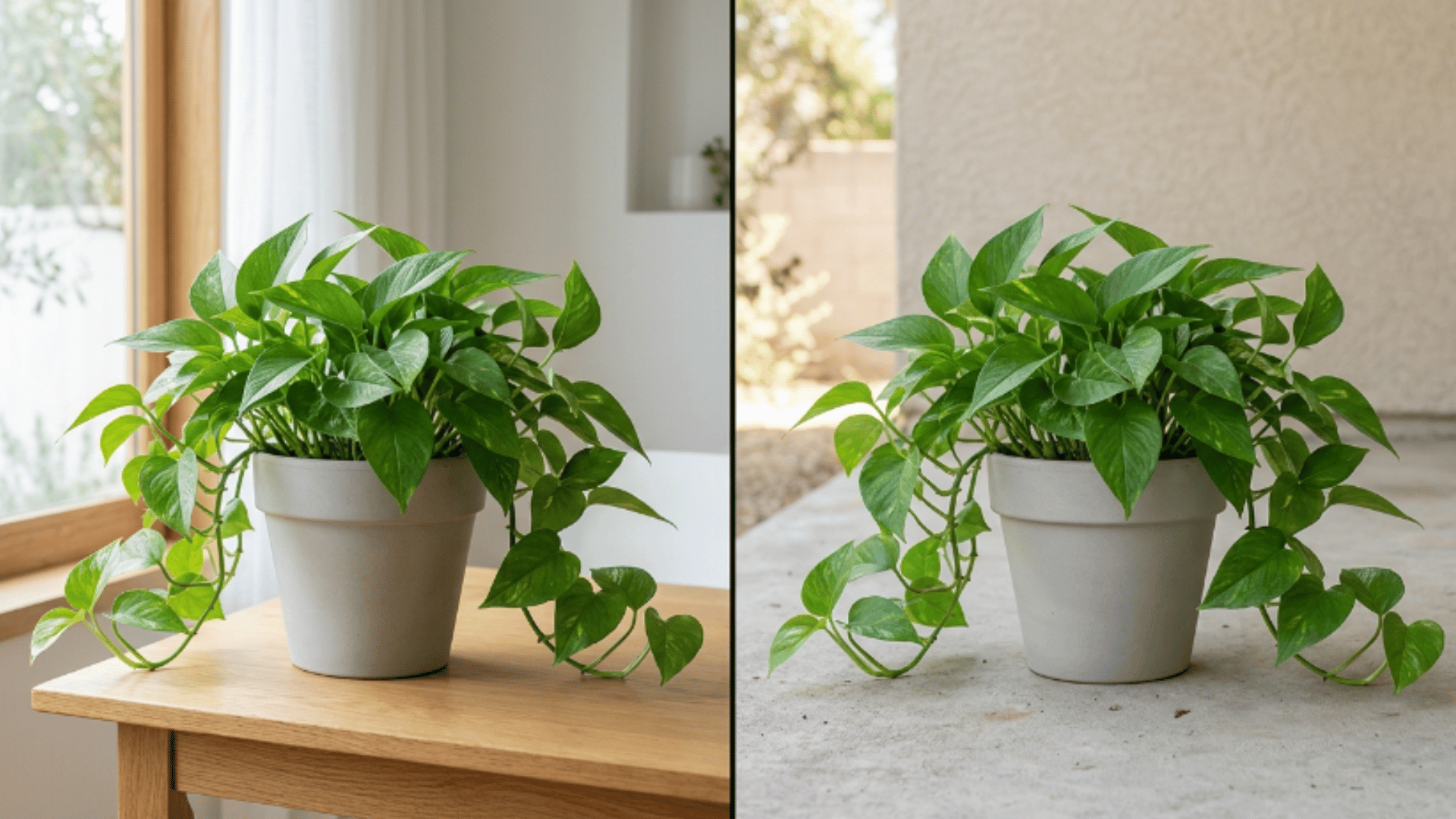 split image showing a healthy pothos plant indoors on a wooden table near a window and outdoors