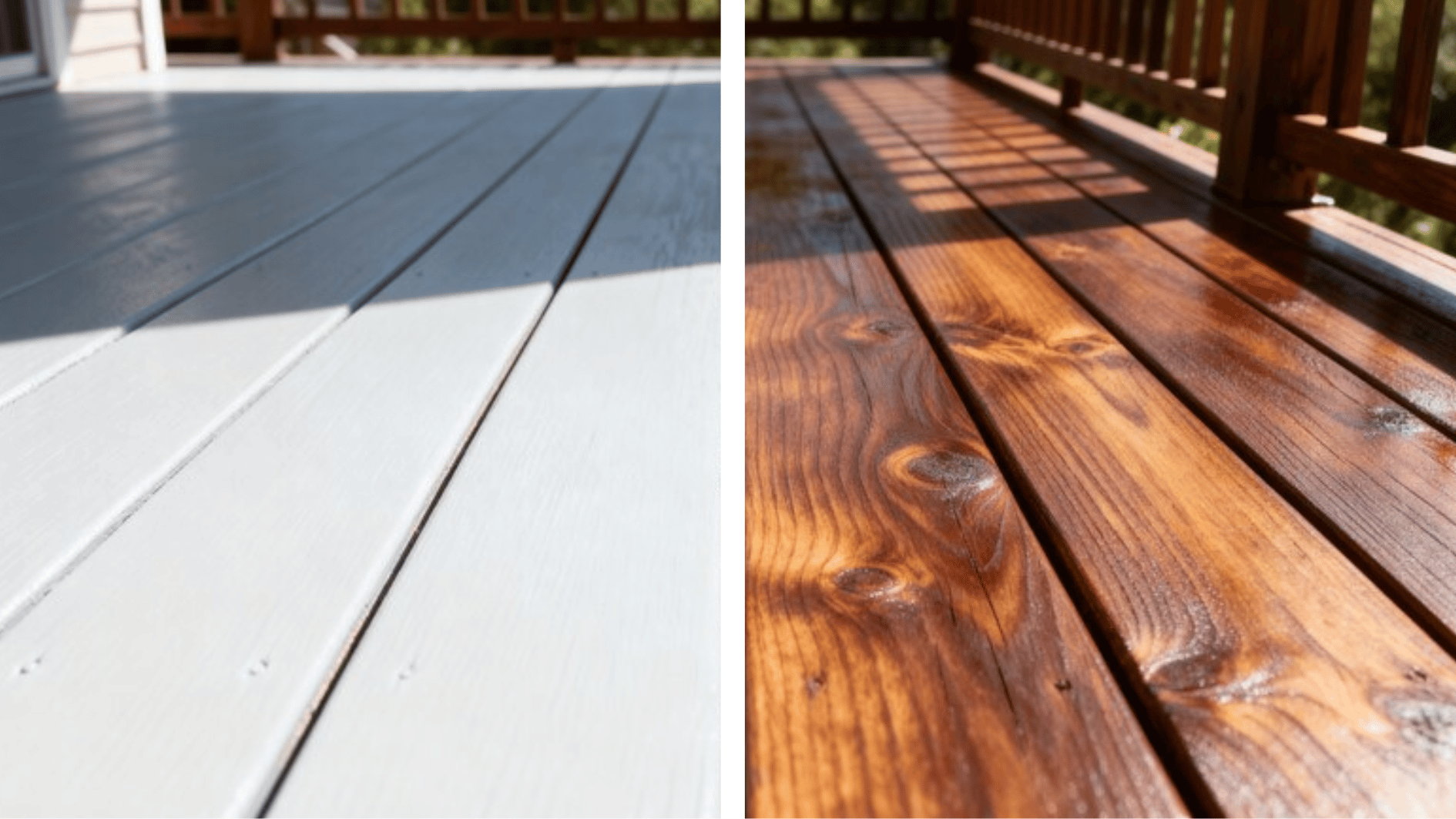split view of deck boards showing peeling painted surface on one side and rich natural wood stain finish on the other side