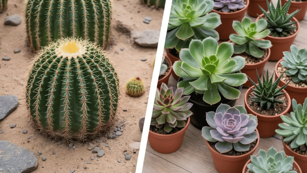 split view of spiny cactus and potted succulents highlighting visual differences