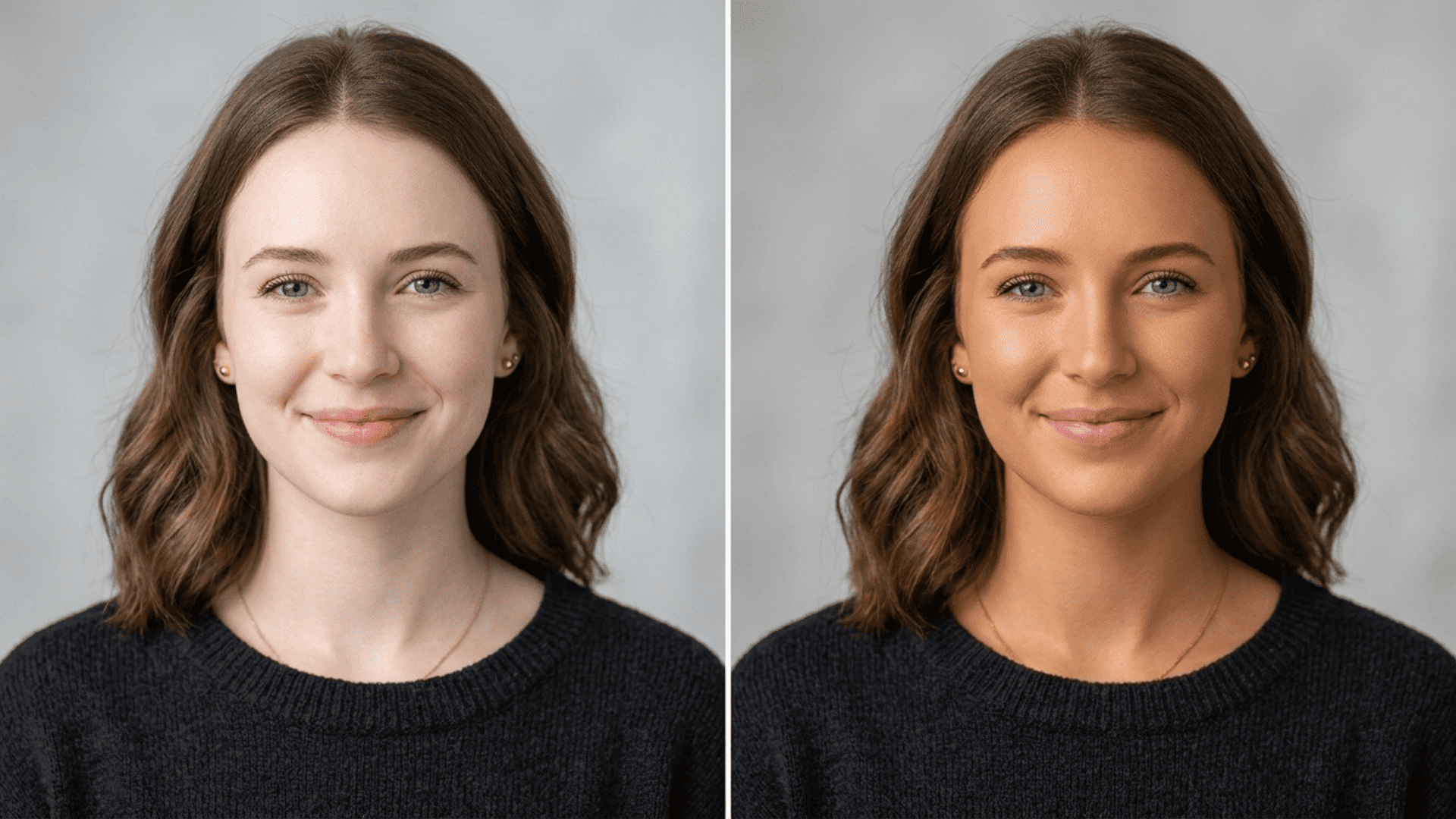 spray tan before and after results showing an even bronze glow on the same person in a side by side comparison