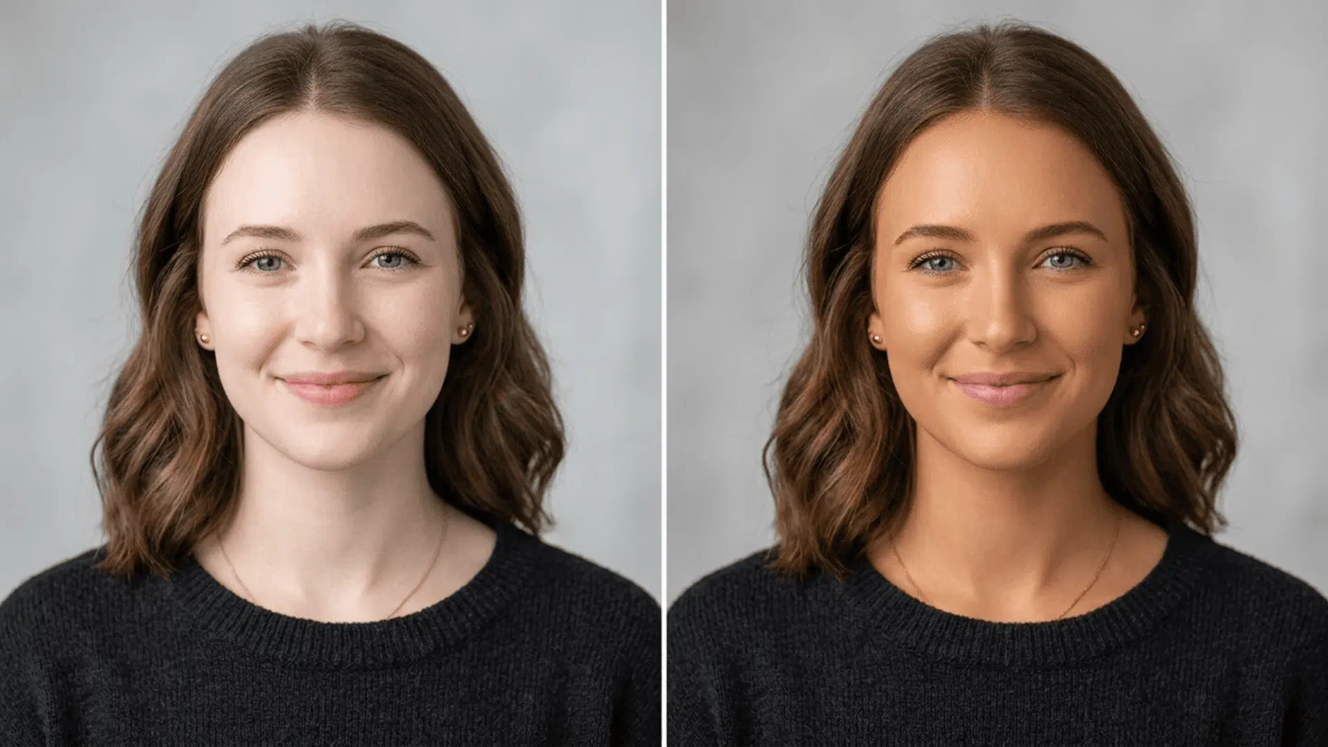 spray tan before and after results showing an even bronze glow on the same person in a side by side comparison