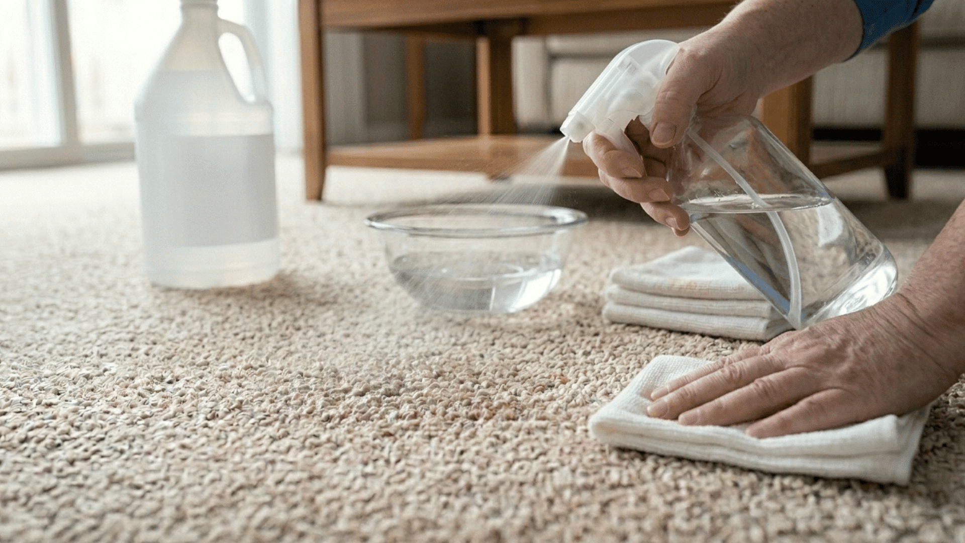 spraying cleaning solution on carpet stain and blotting with cloth.