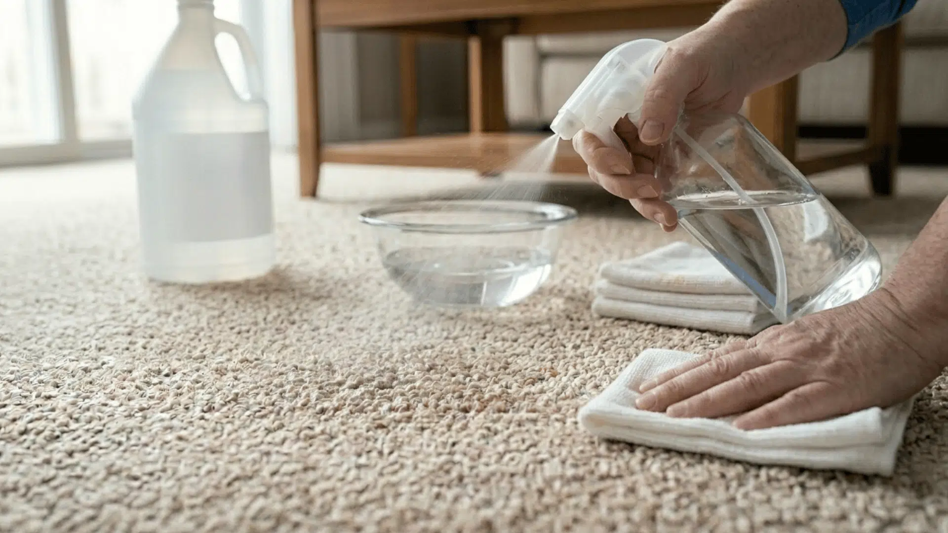 spraying cleaning solution on carpet stain and blotting with cloth.