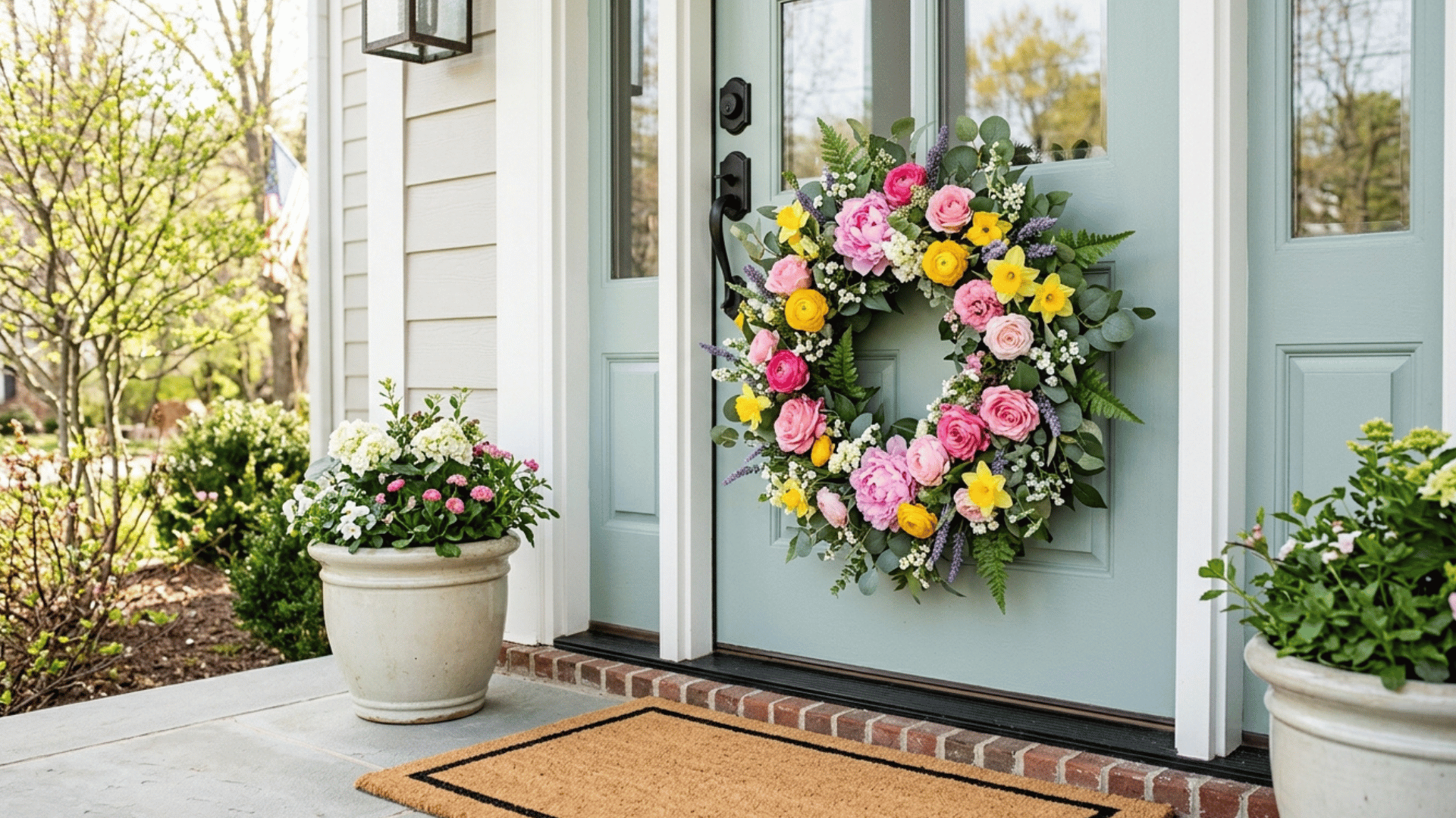 spring floral wreath with colorful flowers on a light blue front door.