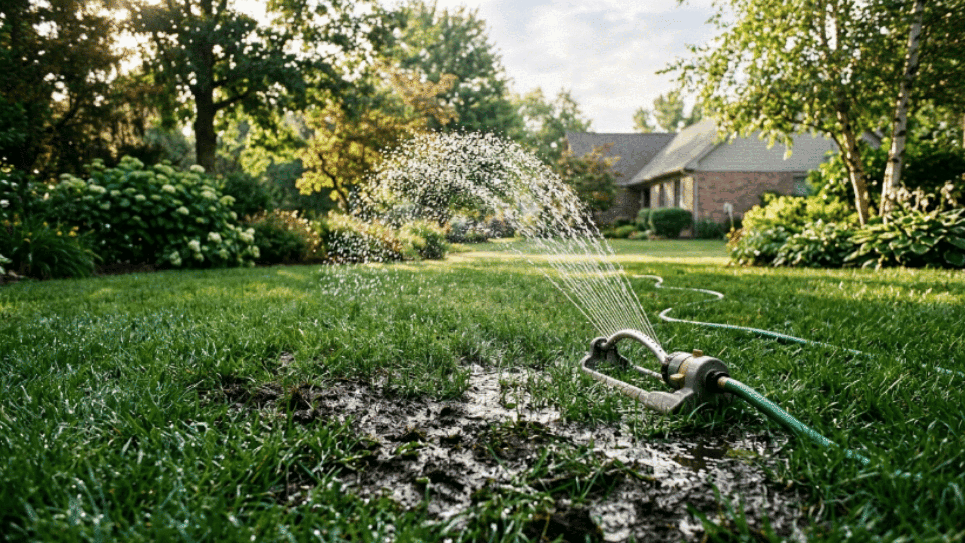 sprinkler watering lawn with water droplets soaking into grass during early morning natural light