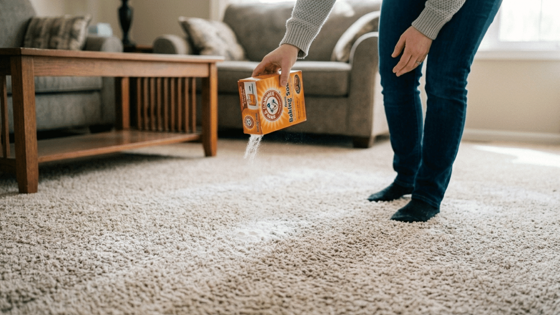 sprinkling baking soda on carpet for cleaning and odor removal in living room.
