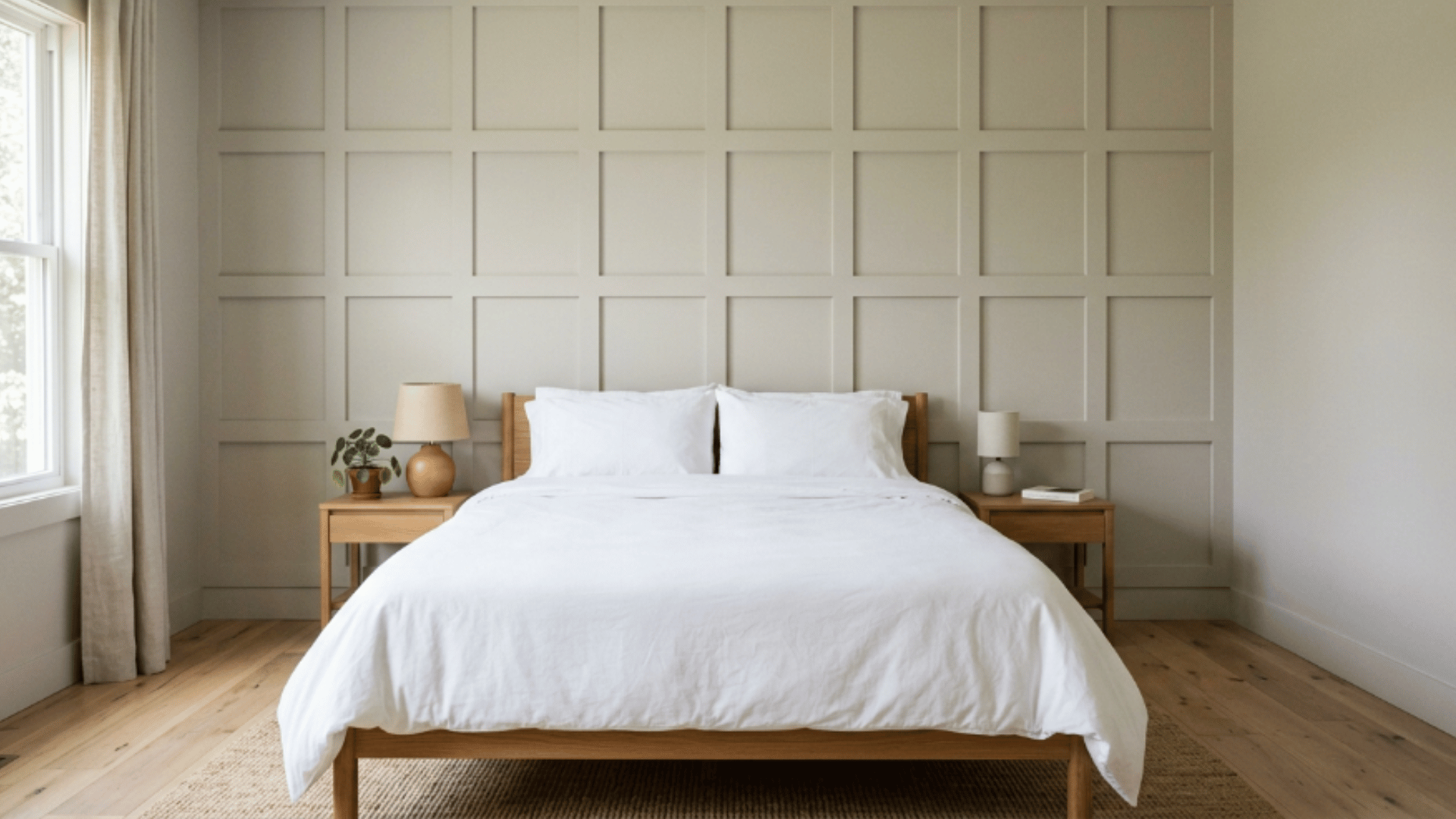 square grid molding pattern creating a neat and structured wall design in a calm bedroom setting