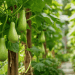 squash plants growing vertically on a wooden trellis in a home garden with healthy green vines