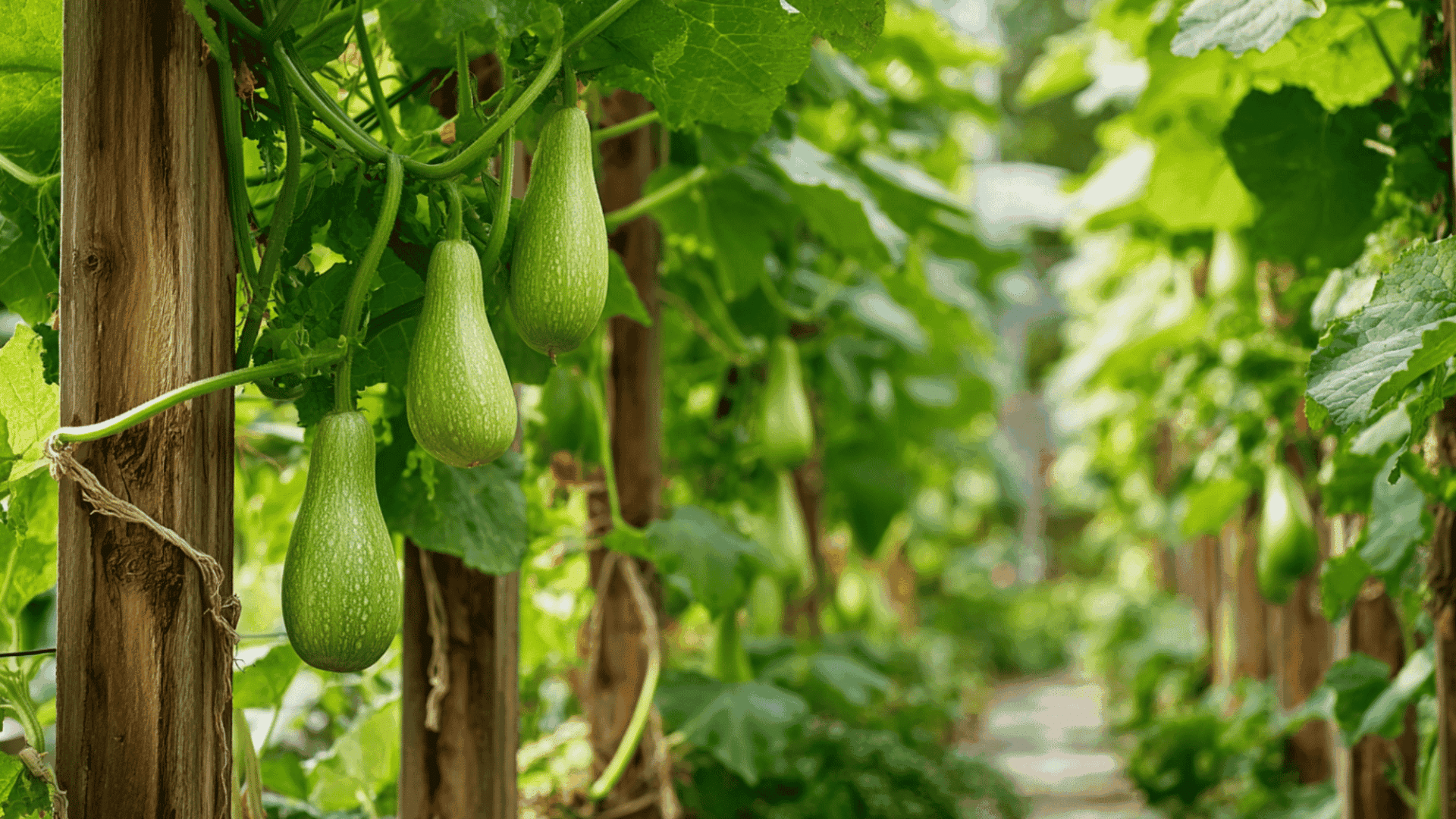 squash plants growing vertically on a wooden trellis in a home garden with healthy green vines
