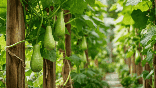 squash plants growing vertically on a wooden trellis in a home garden with healthy green vines