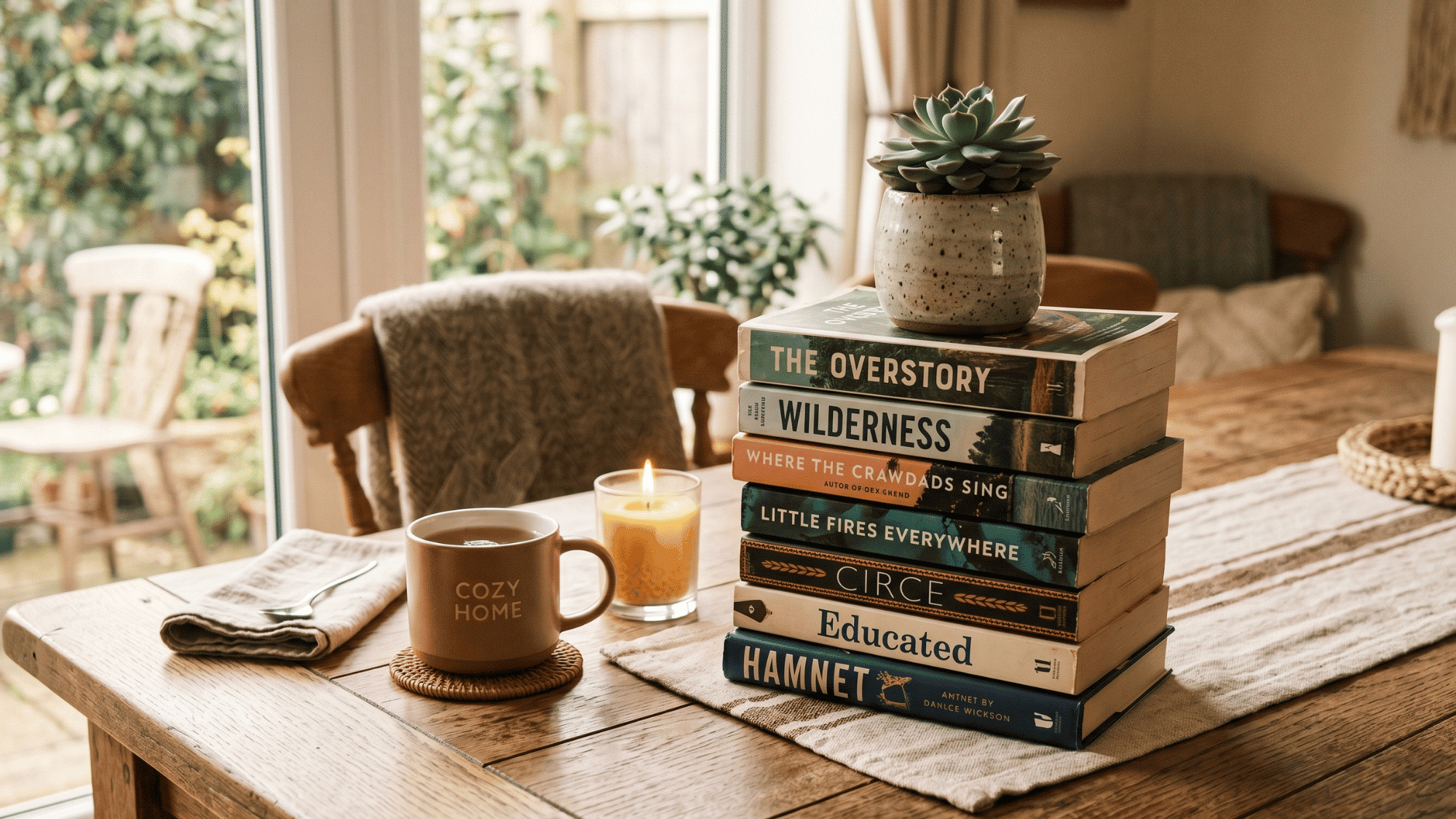 stack of books with a small plant on top placed on dining table, cozy setup