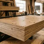stacks of plywood sheets in a woodworking shop with tools and machinery, showcasing raw materials used for furniture making