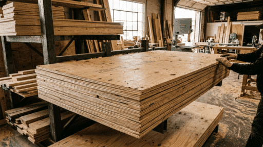 stacks of plywood sheets in a woodworking shop with tools and machinery, showcasing raw materials used for furniture making
