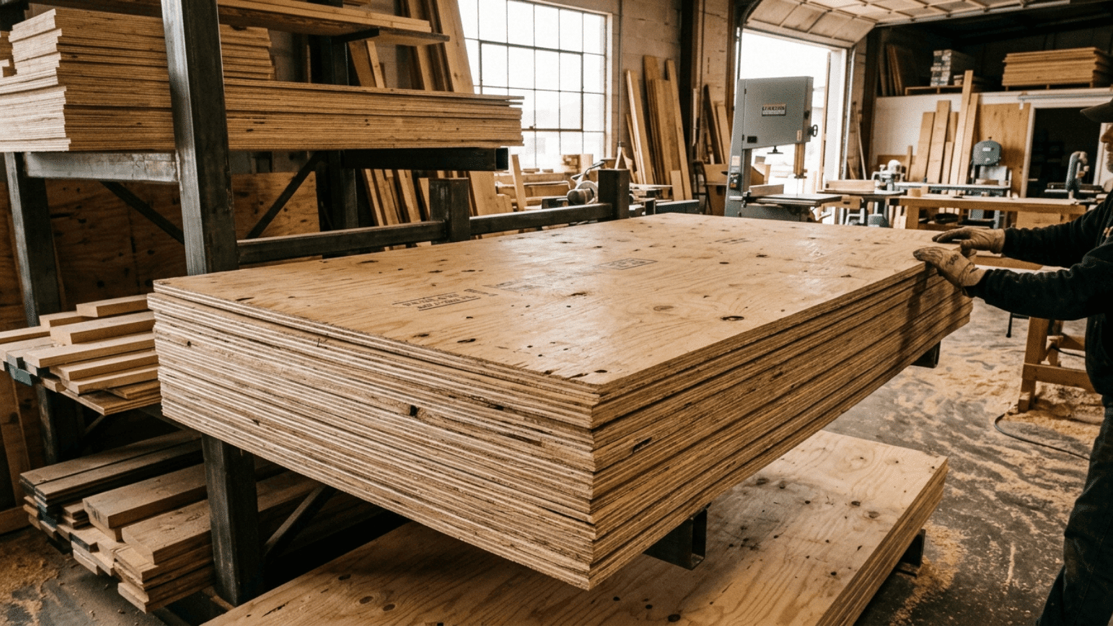 stacks of plywood sheets in a woodworking shop with tools and machinery, showcasing raw materials used for furniture making