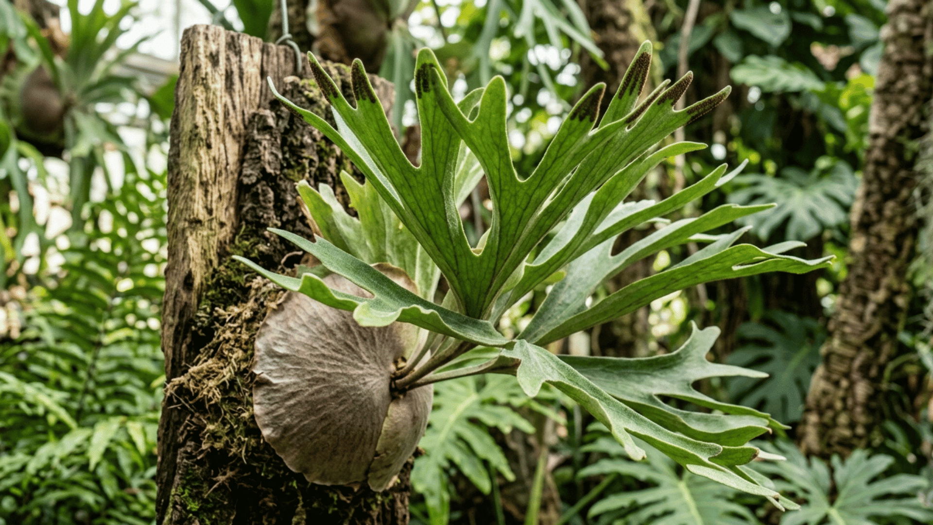 staghorn fern growing on tree trunk in rainforest.