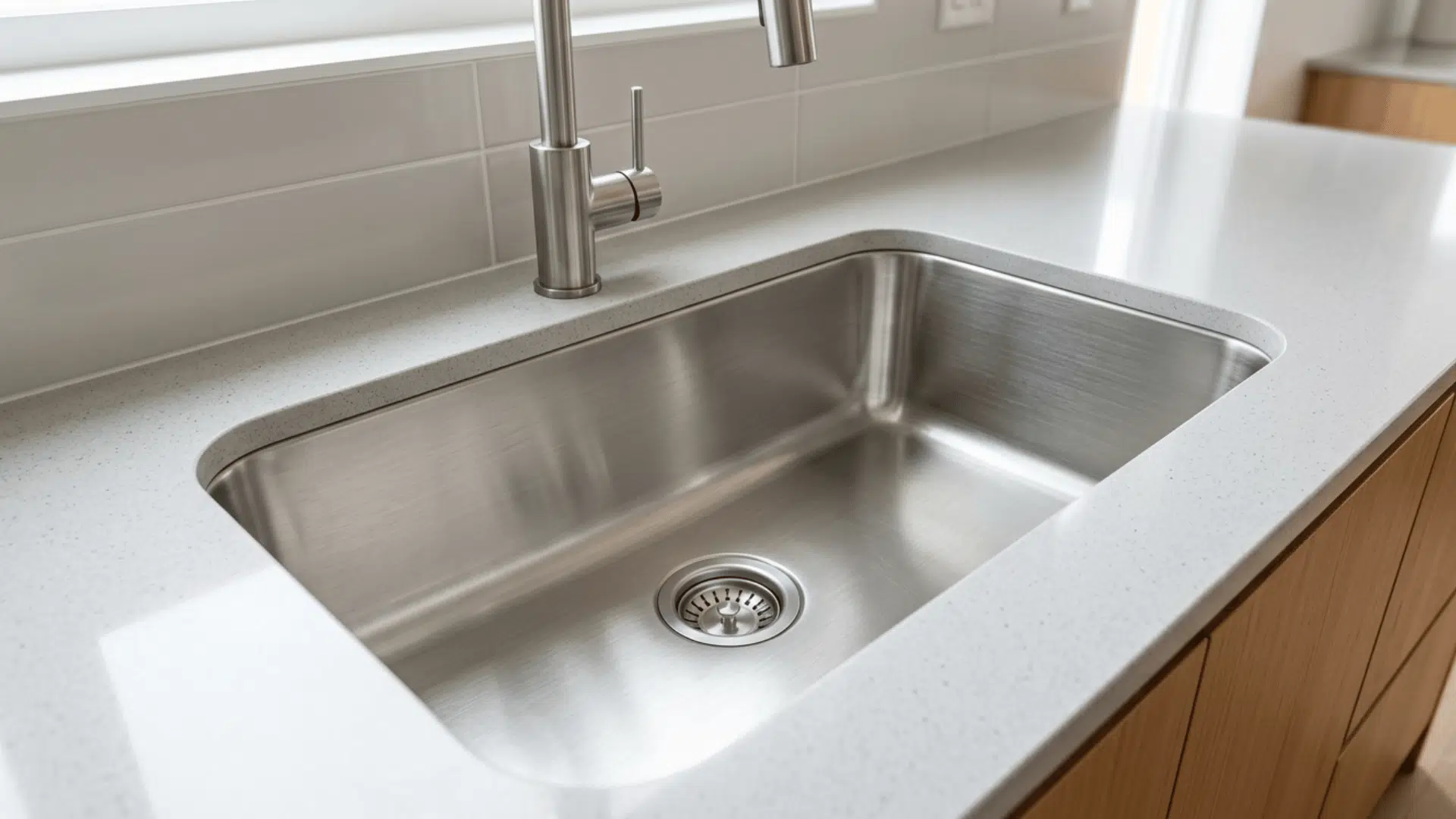 stainless steel sink with brushed finish and clean empty basin on modern kitchen countertop surface
