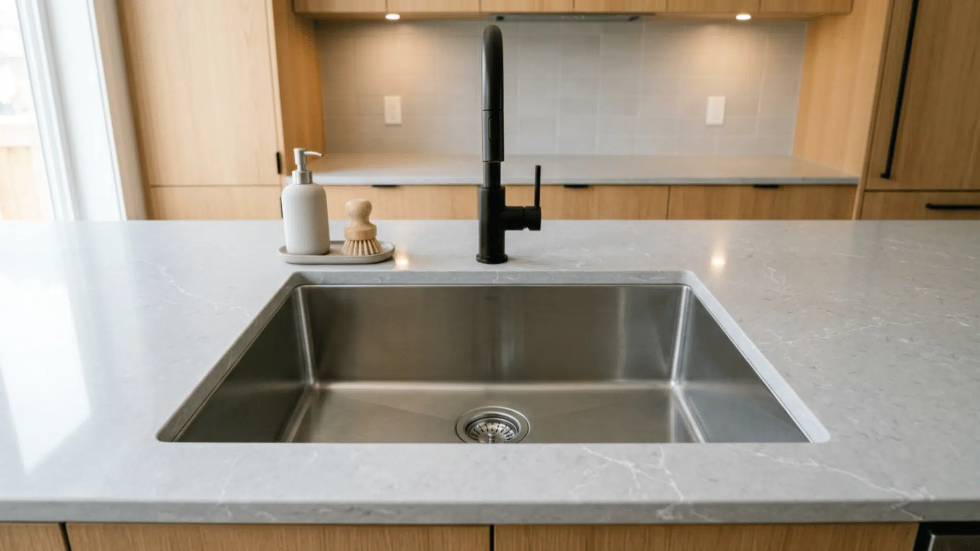 stainless steel undermount kitchen sink with clean empty basin and black faucet on modern countertop