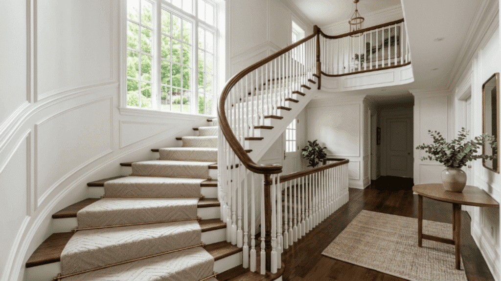 staircase with neutral runner rug softens the space while adding comfort warmth and visual continuity