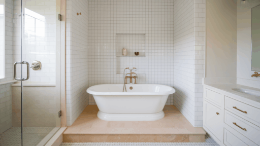 standard bathtub length shown in a clean residential bathroom with a white alcove tub installed between three tiled walls