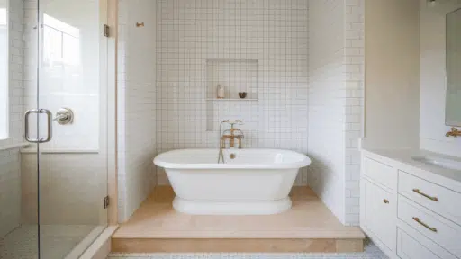 standard bathtub length shown in a clean residential bathroom with a white alcove tub installed between three tiled walls