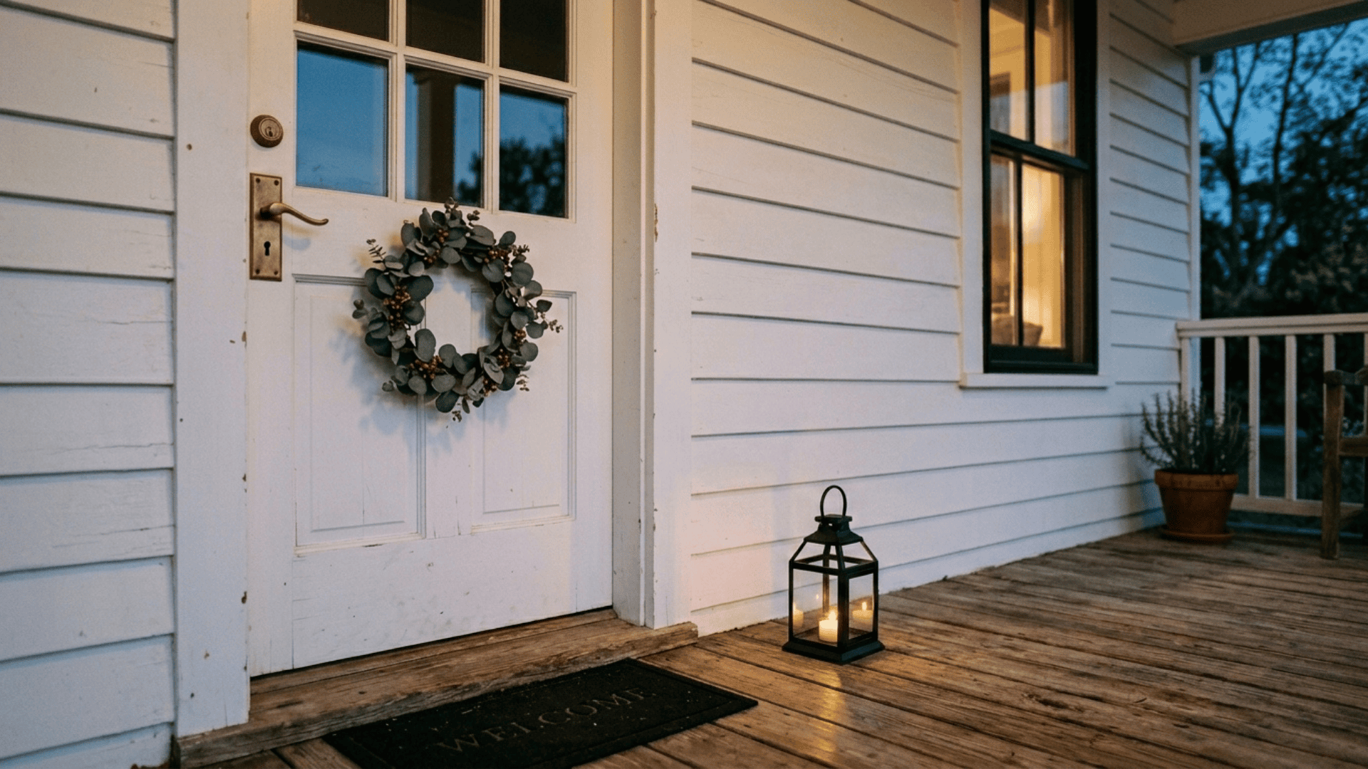 standard black metal lantern beside white farmhouse front door glowing softly on a natural wood porch floor
