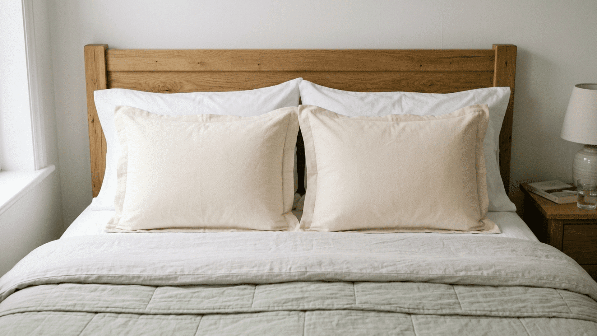 standard pillow shams placed neatly on a bed showing front layer positioning in a simple and clean bedding setup