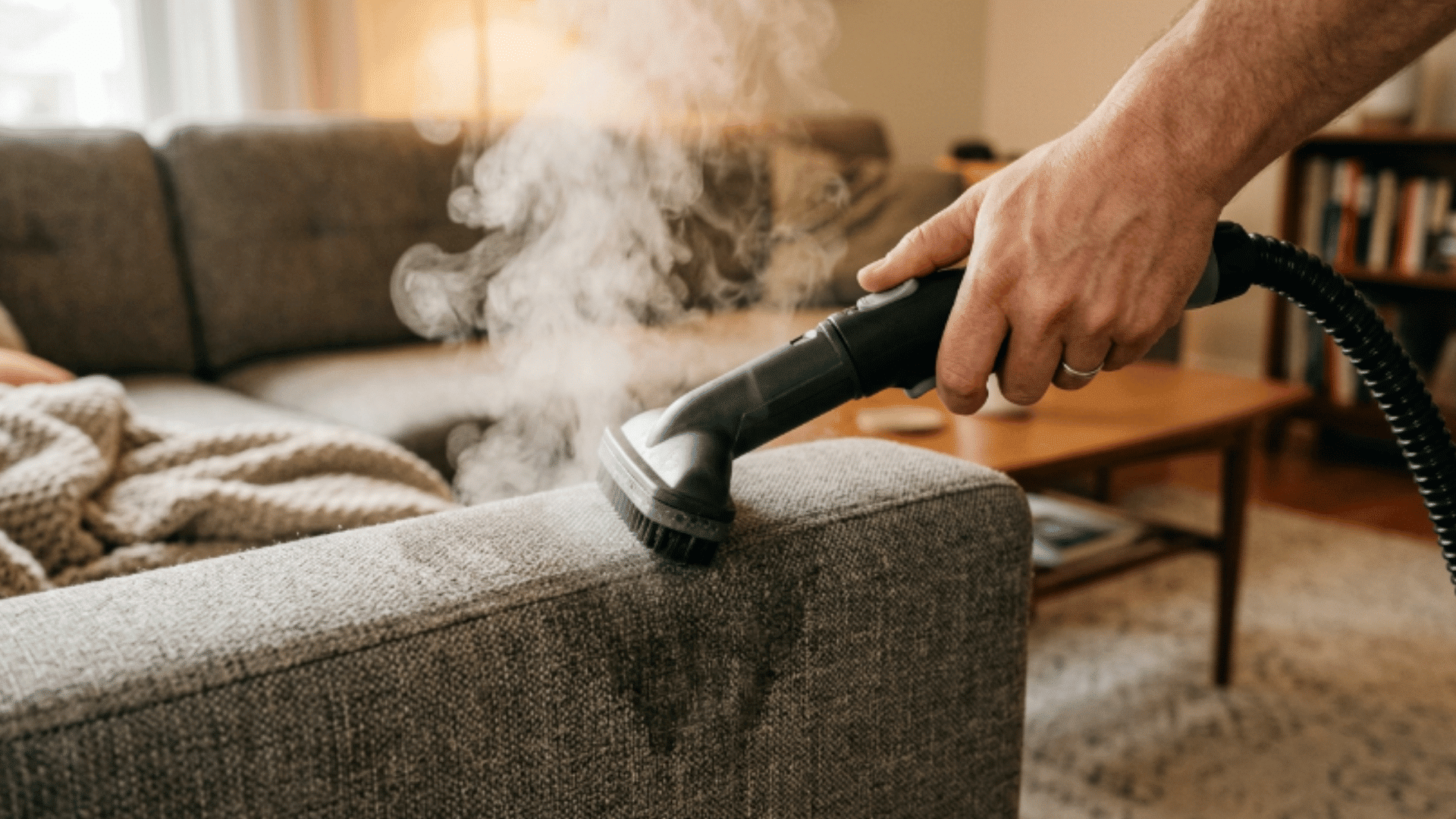 steam cleaner being used on sofa or upholstered furniture with visible steam