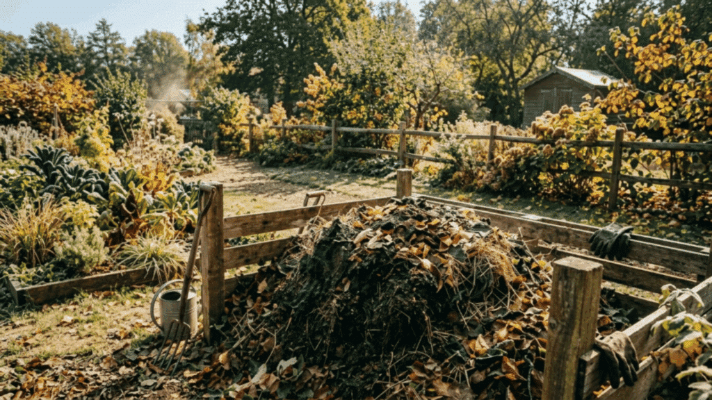 steaming compost pile in a wooden bin during cool weather, showing active decomposition and heat inside the pile