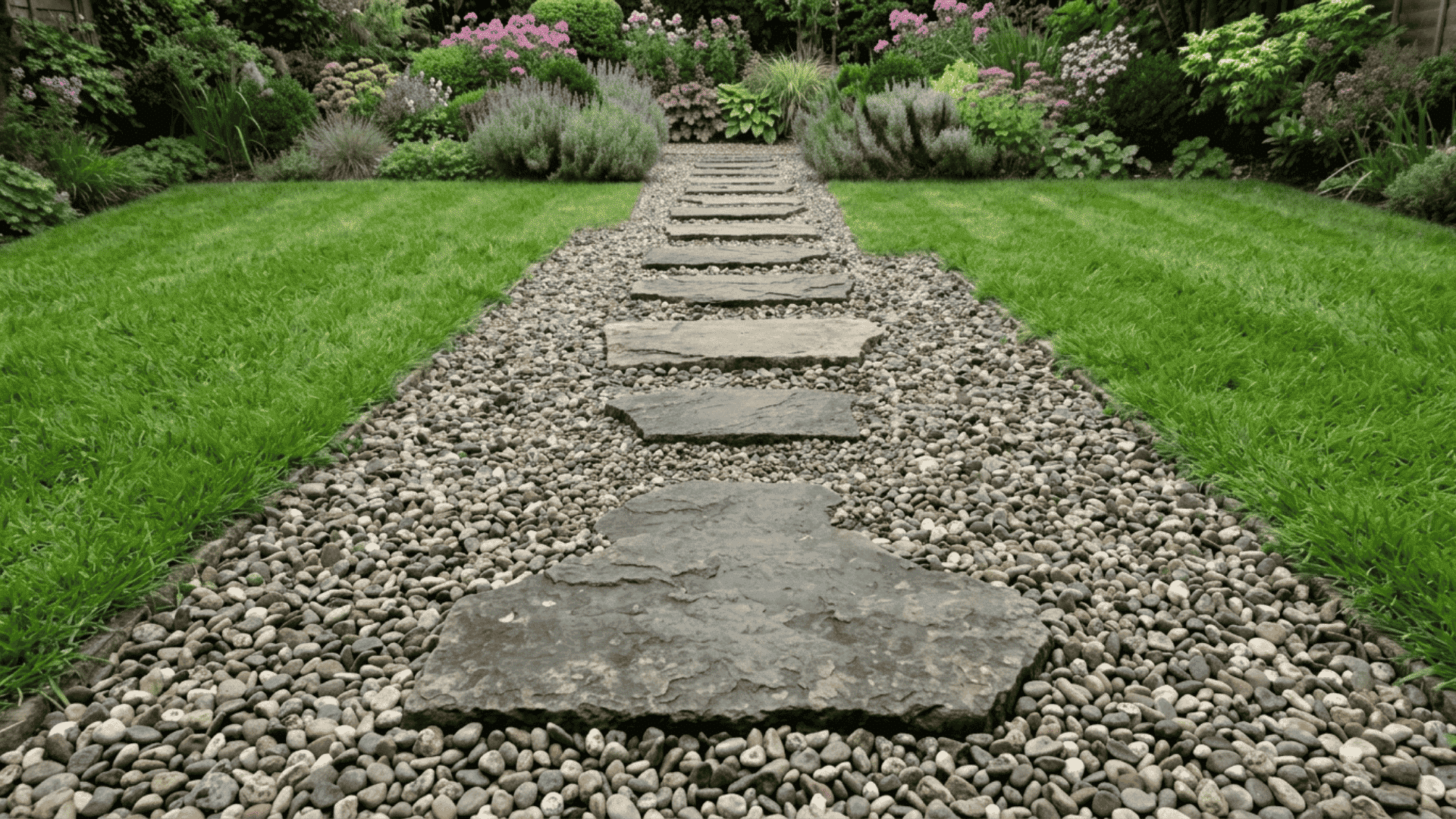 stepping stone and gravel patio layout with flat stones placed at even intervals across a clean gravel surface