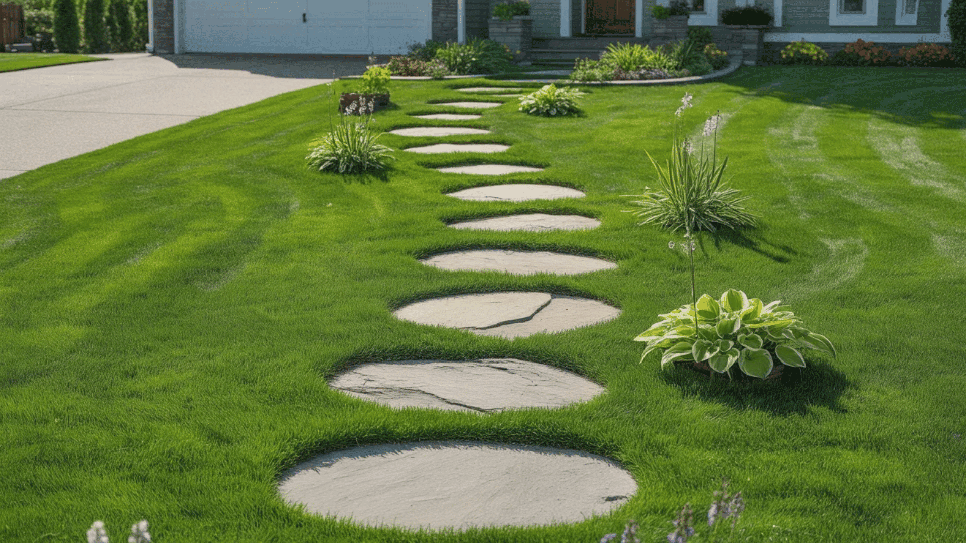 stepping stone pathway across a green lawn leading to a house surrounded by small plants and trimmed garden edges