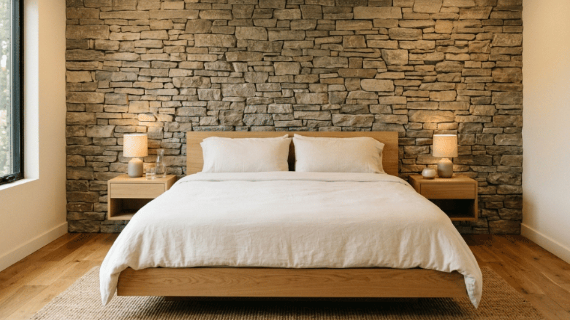 stone veneer wall adding natural texture and depth to a simple bedroom setup