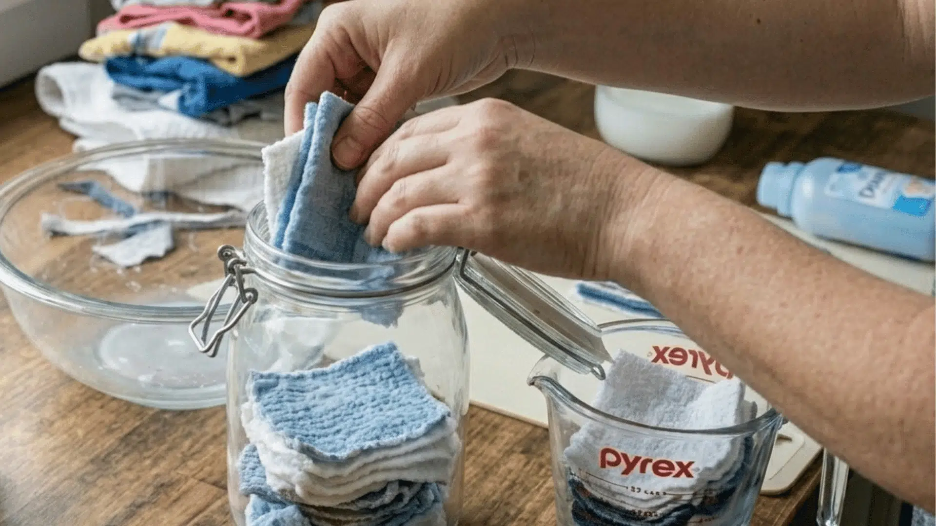 storing damp reusable dryer sheets in a glass jar for later use.