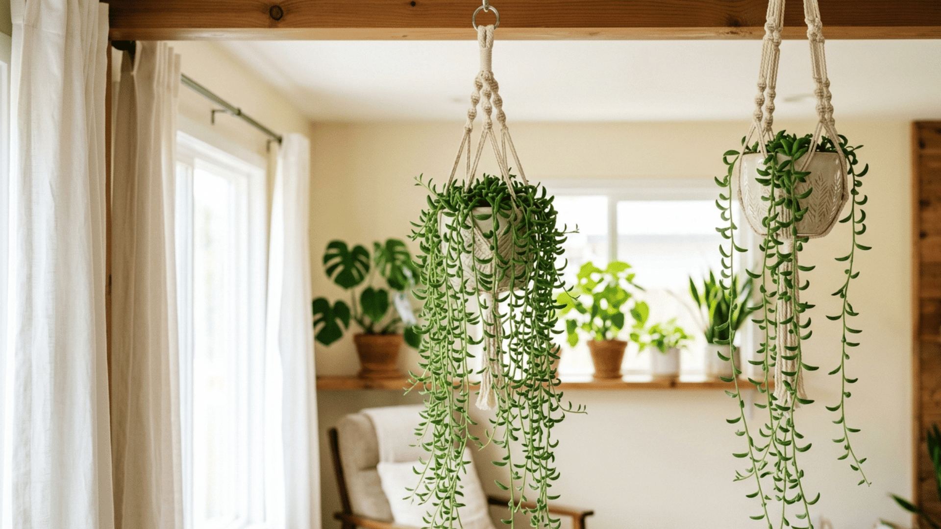 string of bananas plant with trailing banana-shaped leaves in indoor hanging pots.
