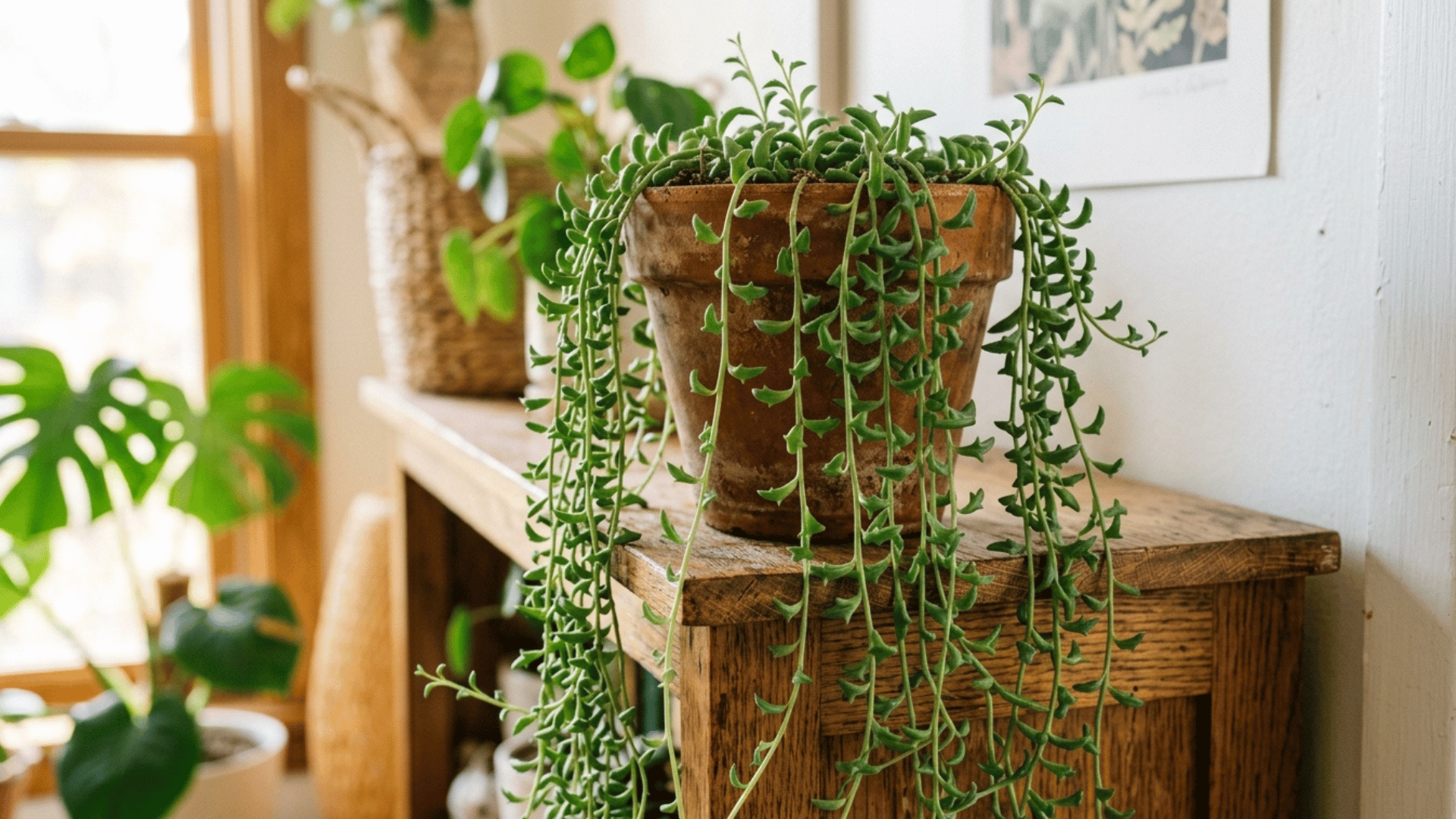 string of dolphins plant with trailing dolphin-shaped leaves hanging indoors.