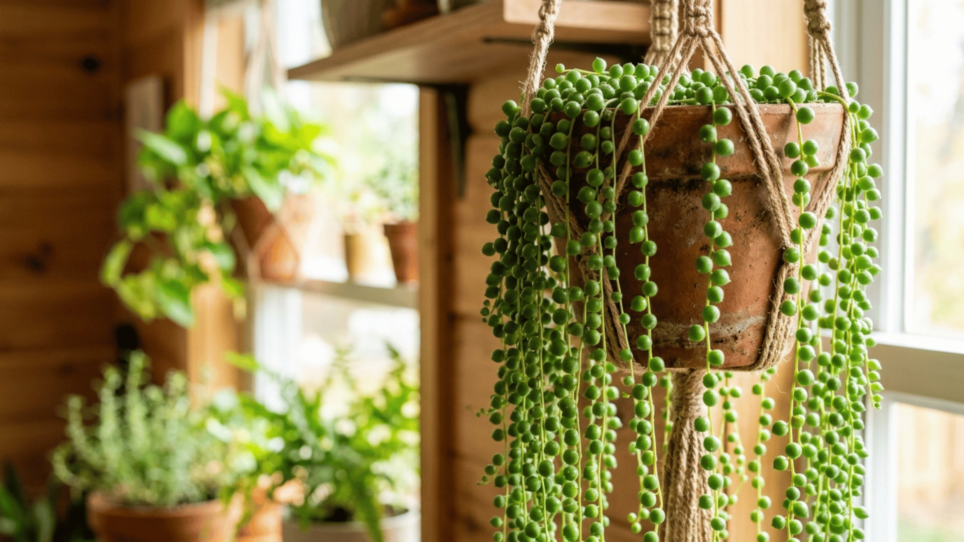 string of pearls plant with round bead-like leaves in a hanging pot indoors.
