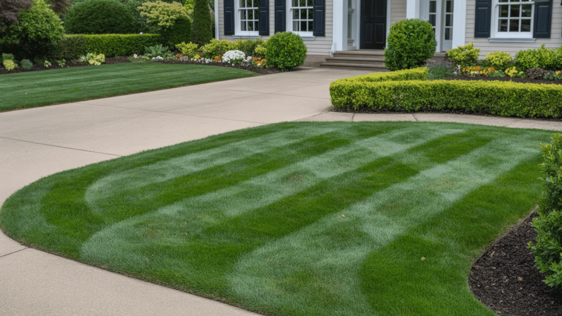 striped green lawn with curved edges bordered by shrubs and flower beds in front of a well kept suburban home