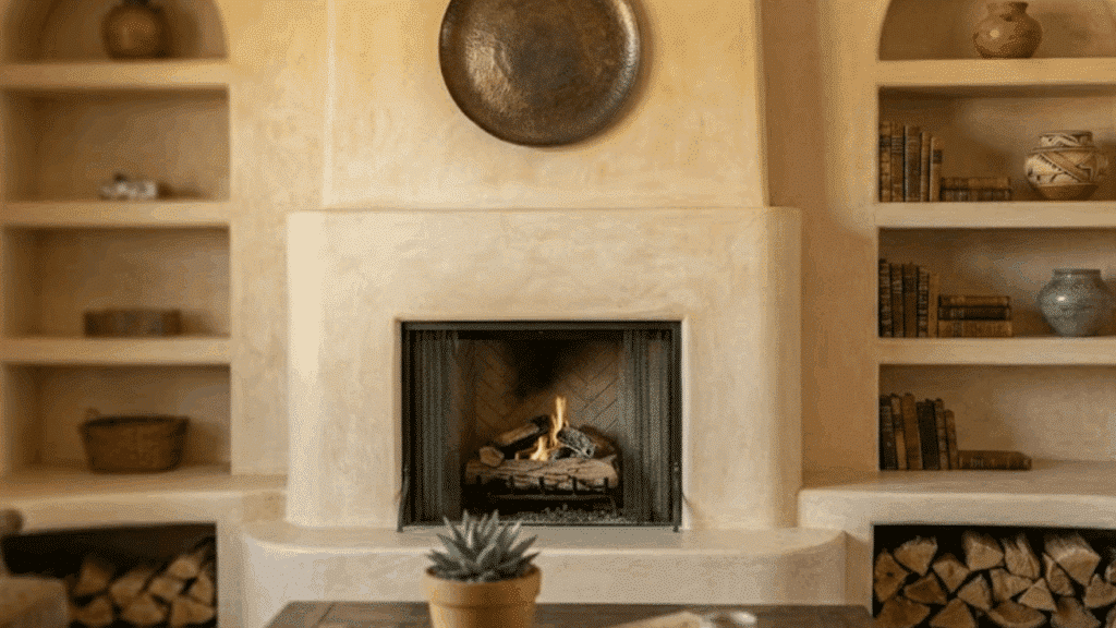 stucco fireplace with built in arched shelves, stacked firewood, and decorative pottery