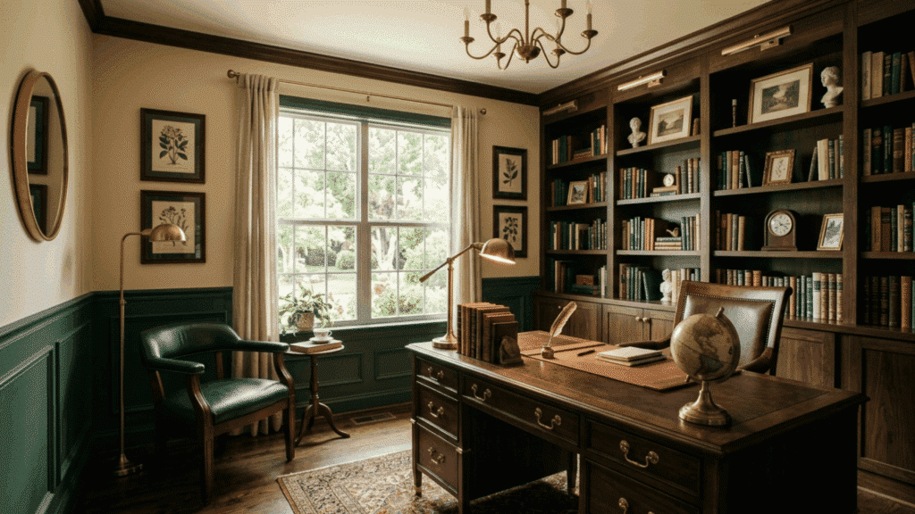 study room with forest green lower wall and light beige upper wall styled with dark wood furniture and brass accents