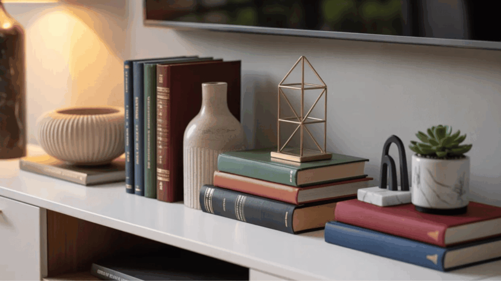 styled shelf with stacked books, ceramic decor, and modern accents creating a cozy and curated living room display