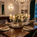 stylish dining table with elegant centerpiece arrangement featuring candles, flowers and decorative tray