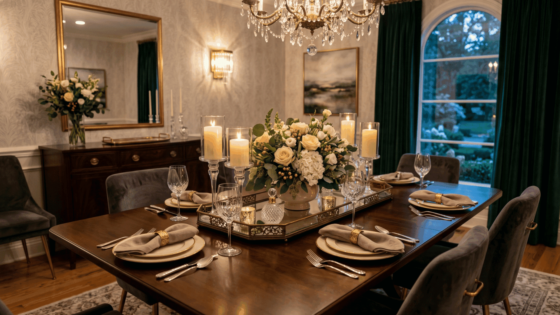 stylish dining table with elegant centerpiece arrangement featuring candles, flowers and decorative tray