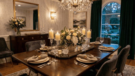 stylish dining table with elegant centerpiece arrangement featuring candles, flowers and decorative tray