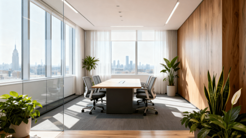stylish meeting room with wooden accents table chairs and large windows in modern office with warm interior design
