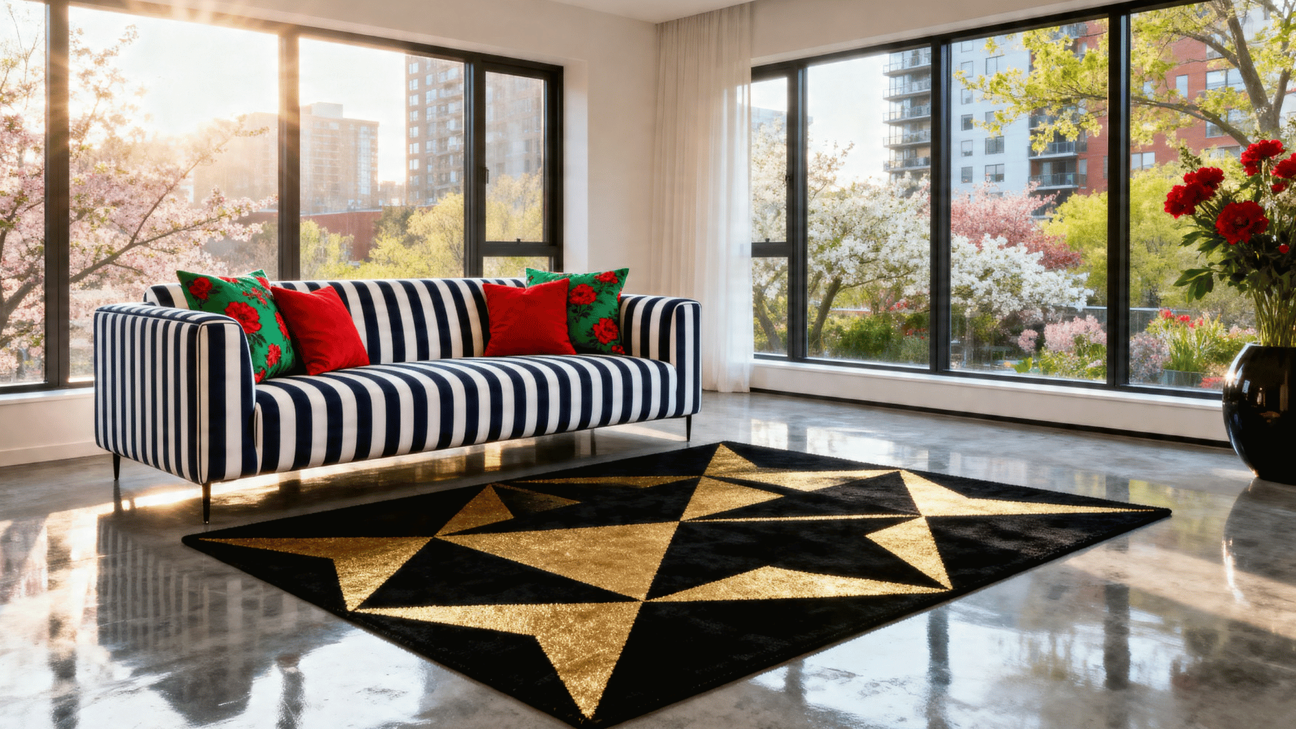 stylish room with mixed contrasting patterns, striped sofa, floral cushions, abstract rug, balanced composition