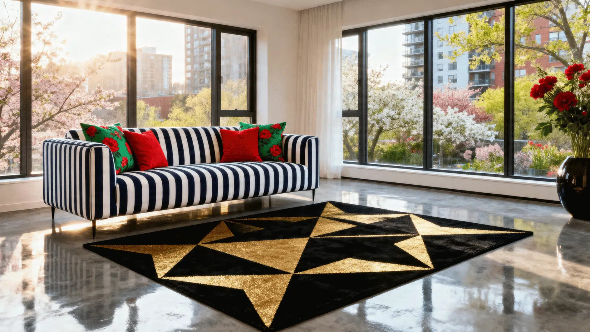 stylish room with mixed contrasting patterns, striped sofa, floral cushions, abstract rug, balanced composition
