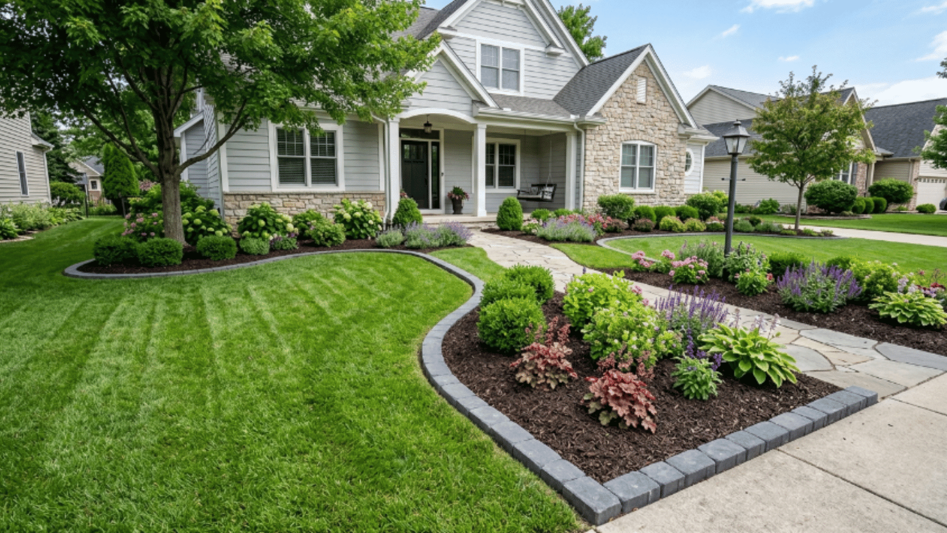 suburban front yard with green lawn, mulch beds, curved borders, and flowering plants, showing a neat and organized landscape