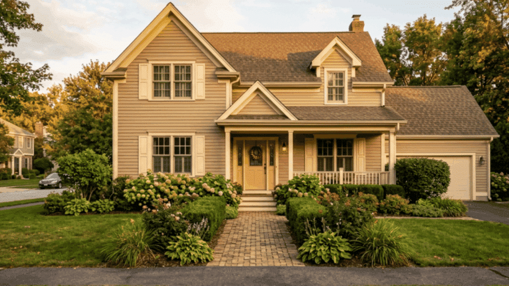 suburban home with accessible beige siding creamy trim brick walkway landscaped shrubs warm golden hour lighting exterior