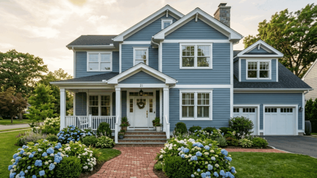 suburban home with dusty blue siding white trim shutters brick walkway hydrangea bushes afternoon light